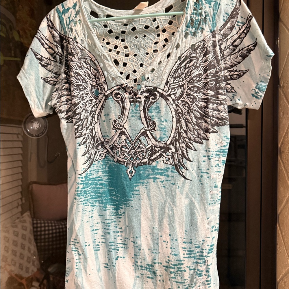 Affliction Mint Blue Wing Graphic Crochet-Back Short Sleeve Tee
